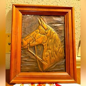 Vintage Copper Hammered Picture of a Horses Head in a Wood Frame